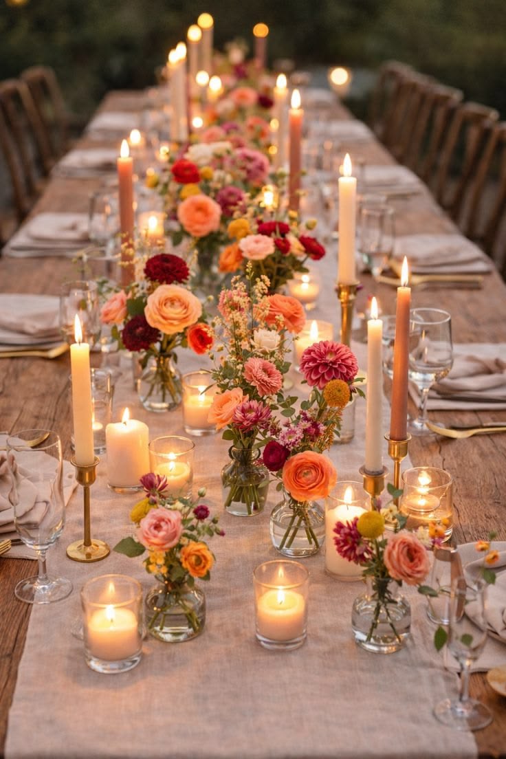 A long wooden table laid for a celebration at dusk, with a linen runner, floral bud vases, wine glasses and candlelight