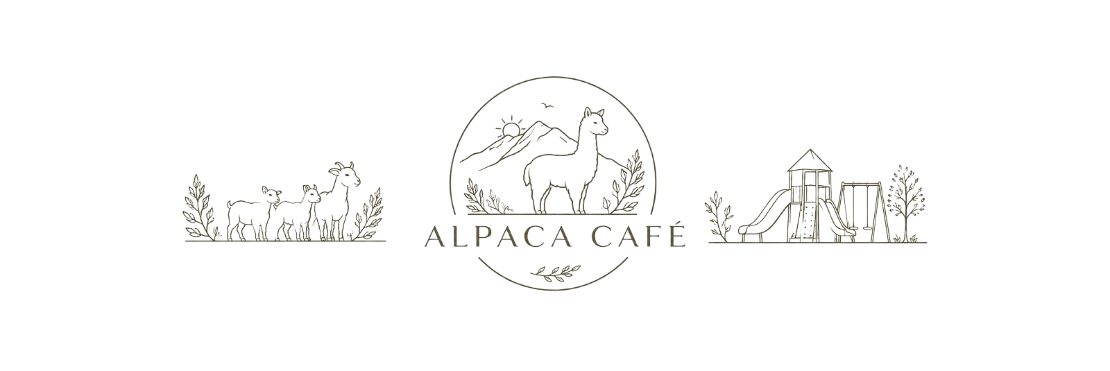 Line drawing of the Alpaca Cafe emblem with a goat family on one side and the farm playground on the other