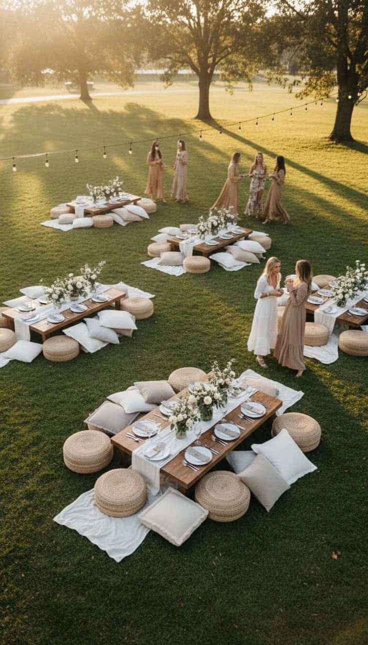 Low picnic tables on a sunlit lawn with white florals, blankets, floor cushions and woven poufs, guests chatting beneath the trees